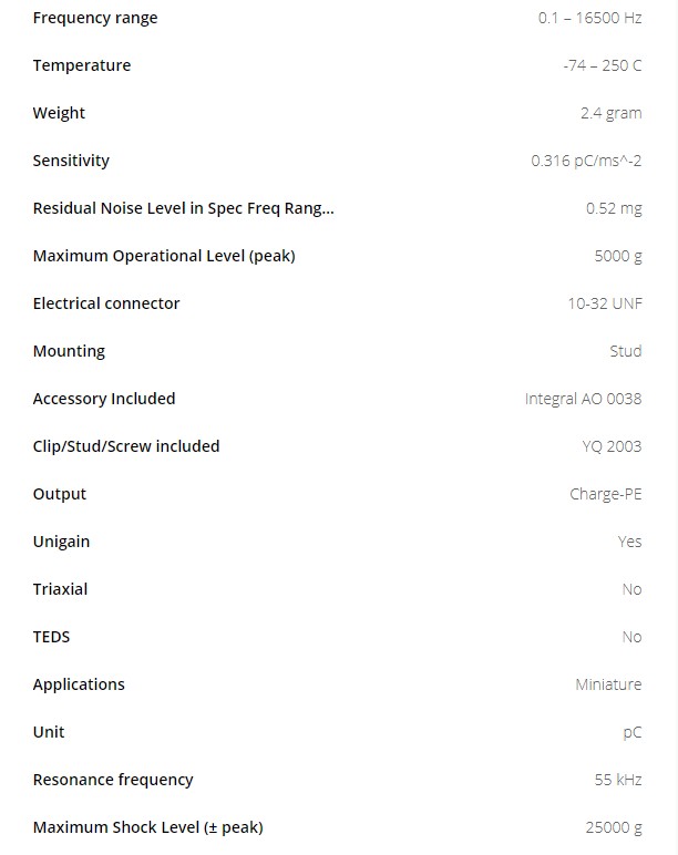BK超小型壓電電荷型加速度計4375型技術參數