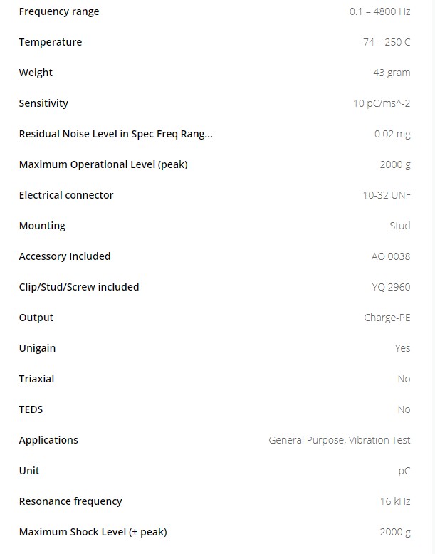 BK壓電式電荷加速度傳感器4381 技術參數