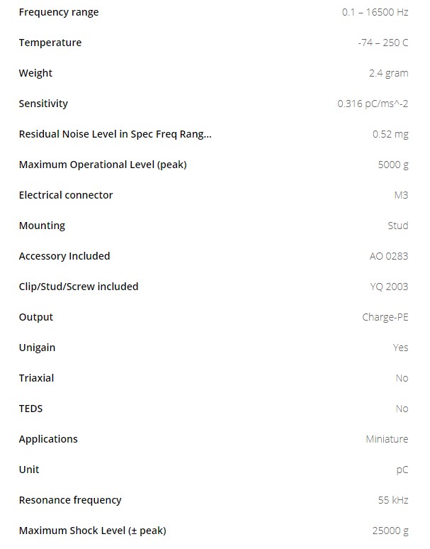 BK壓電電荷型加速度計4393型技術參數(shù)