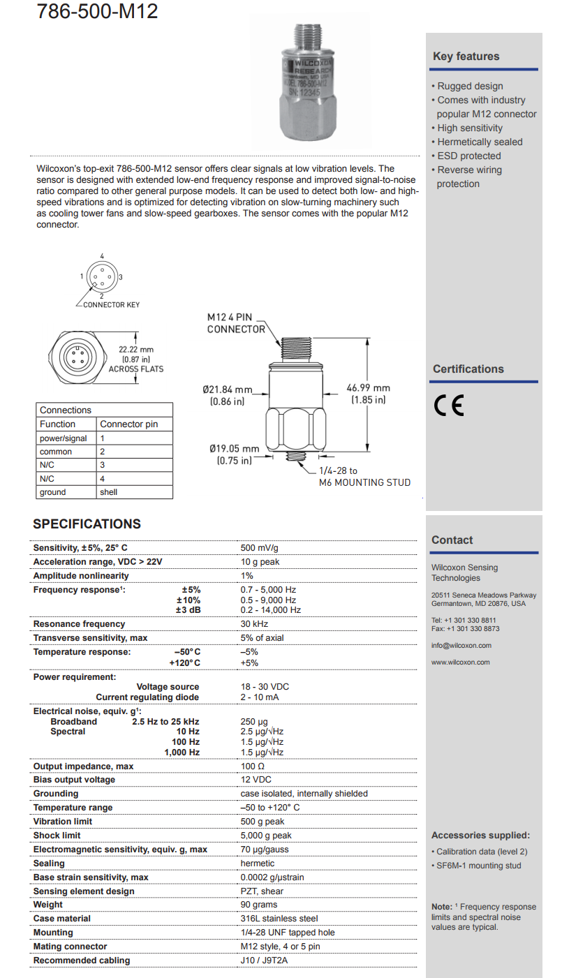 威爾康森帶M12連接器的高輸出振動傳感器技術參數