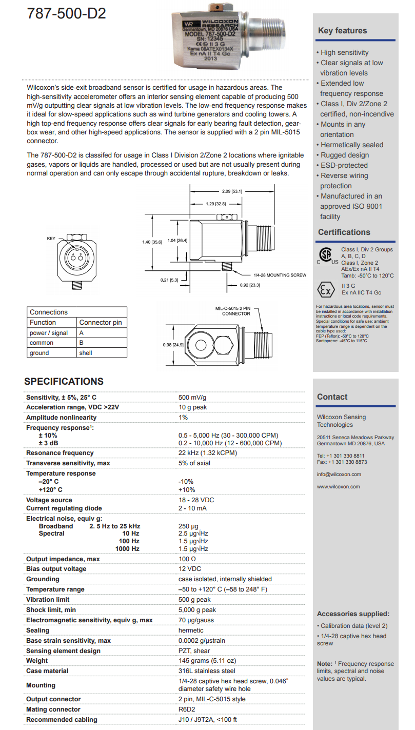 威爾康森認證的高輸出振動傳感器787-500-D2型技術參數