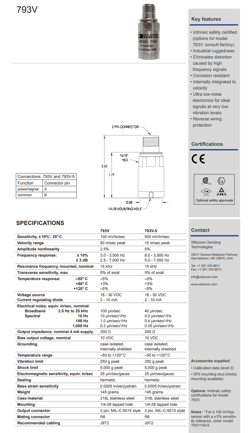 威爾康森優(yōu)質(zhì)速度振動(dòng)傳感器793V型技術(shù)參數(shù)