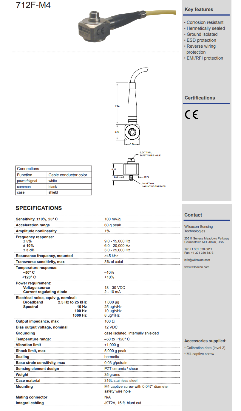 威爾康森帶集成電纜的高頻振動傳感器技術參數
