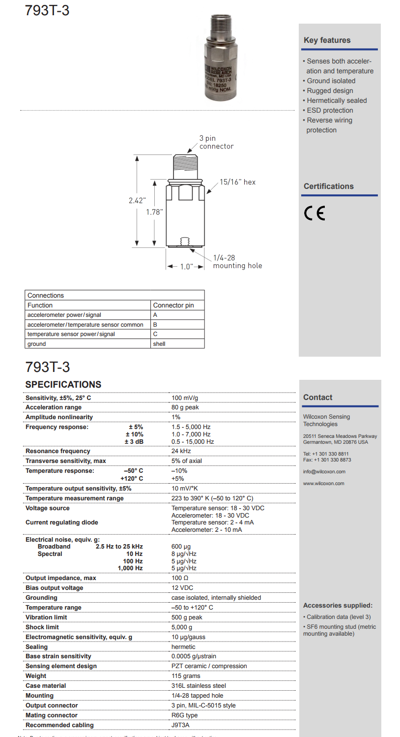 威爾康森高級雙輸出振動傳感器793T-3型技術(shù)參數(shù)