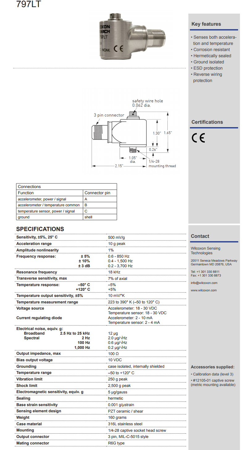 威爾康森低頻雙輸出振動傳感器797LT型技術參數