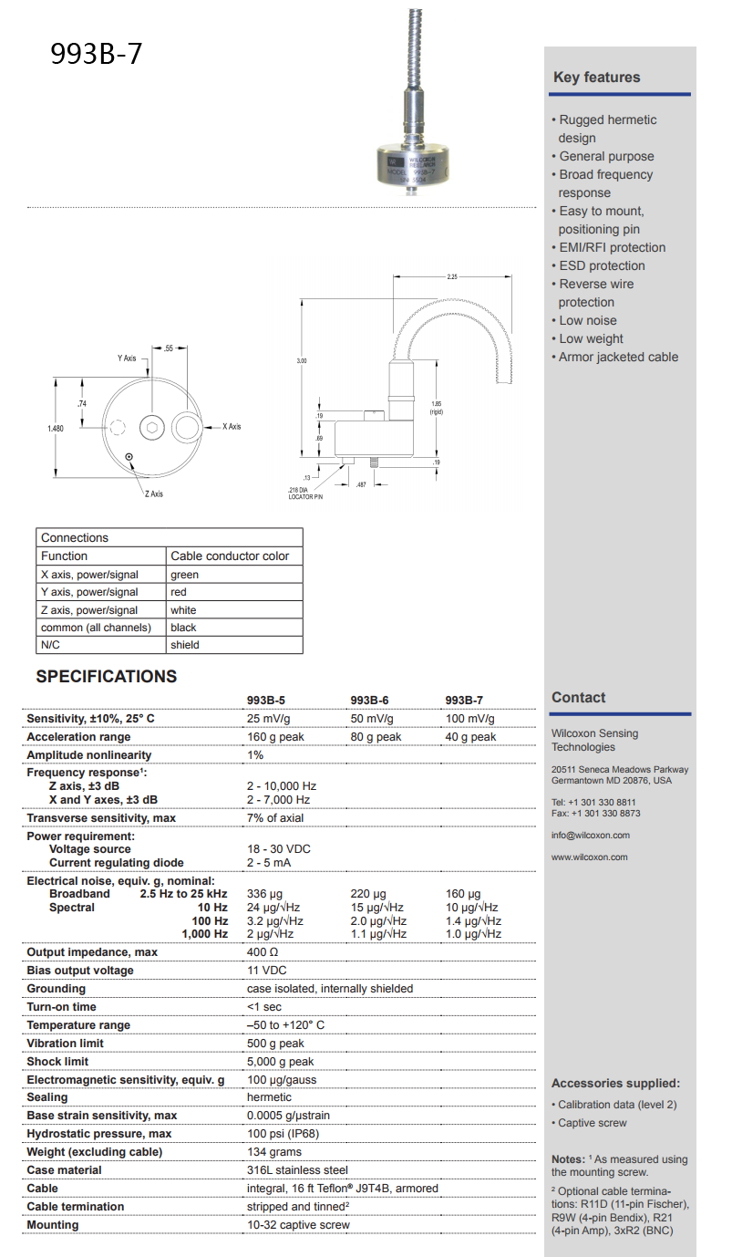 威爾康森帶有整體電纜的三軸加速度振動計技術參數