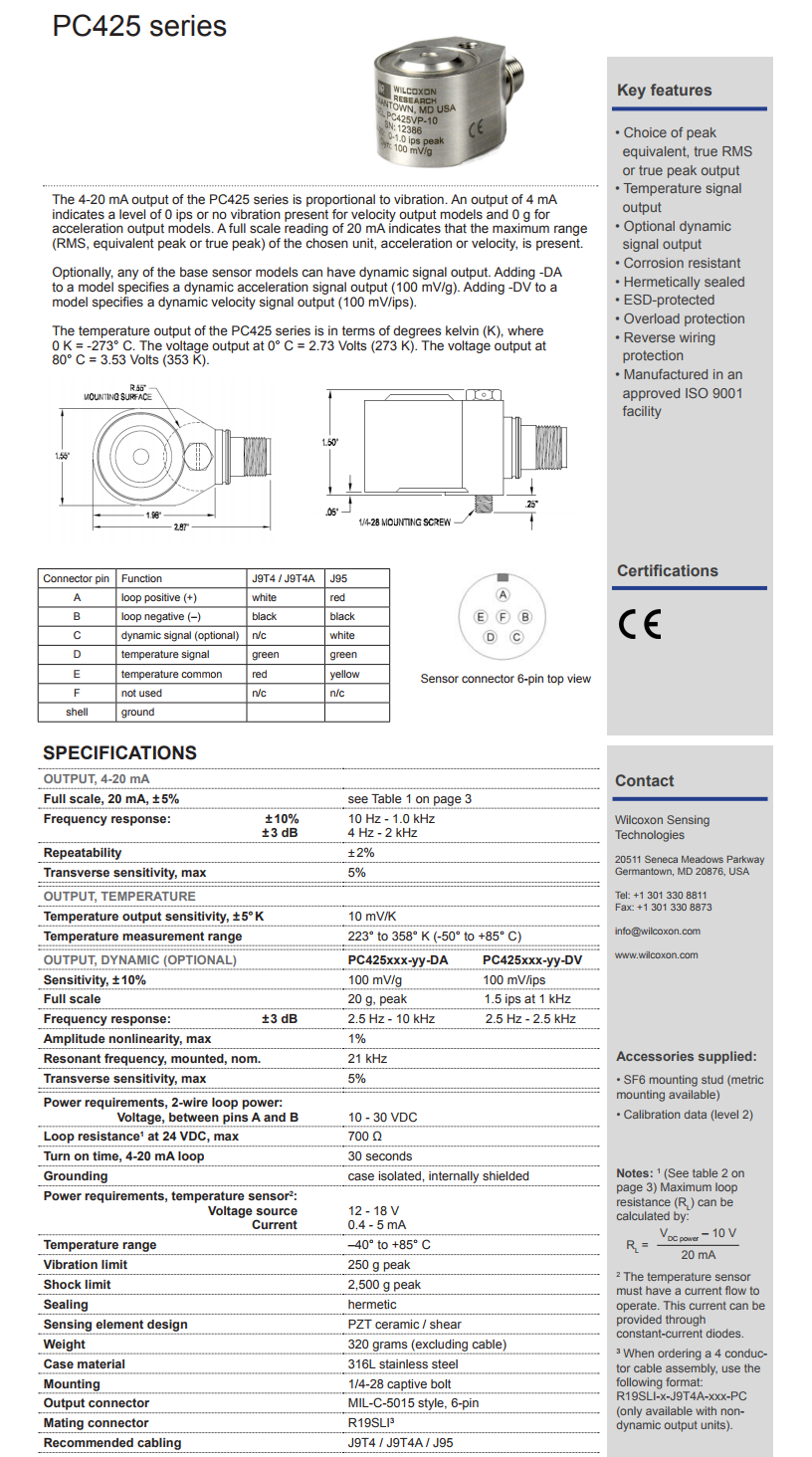 威爾康森4-20mA回路供電的振動傳感器PC425VP-10型技術(shù)參數(shù)