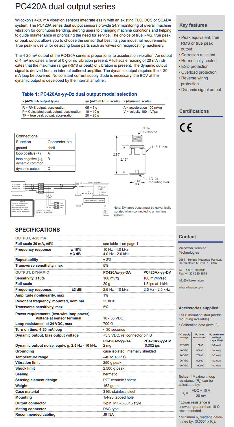威爾康森帶有動態振動輸出的4-20mA回路供電振動傳感器PC420AP-05-DA型技術參數