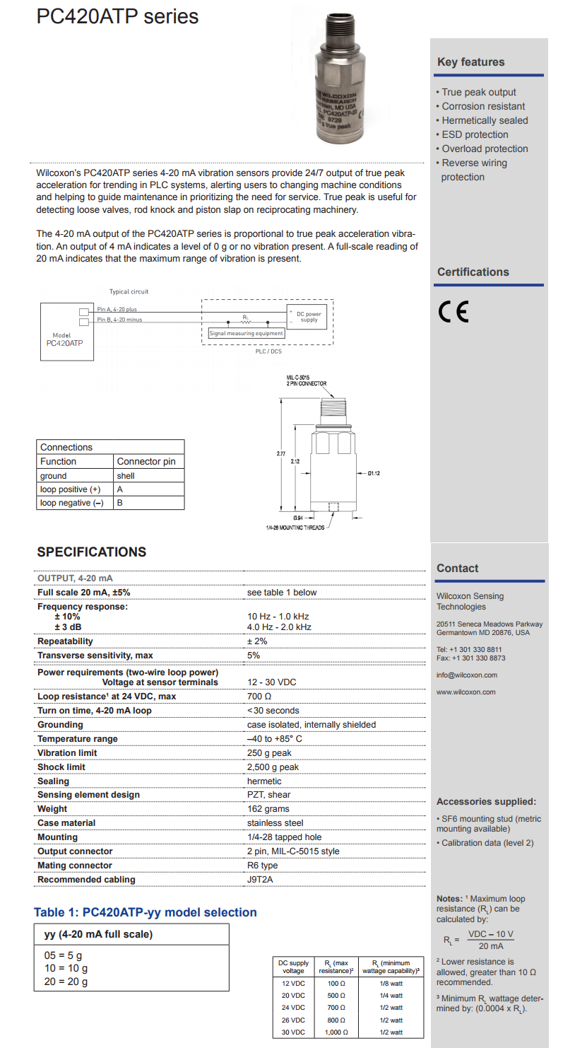威爾康森4-20mA回路供電振動(dòng)傳感器PC420ATP-20型技術(shù)參數(shù)