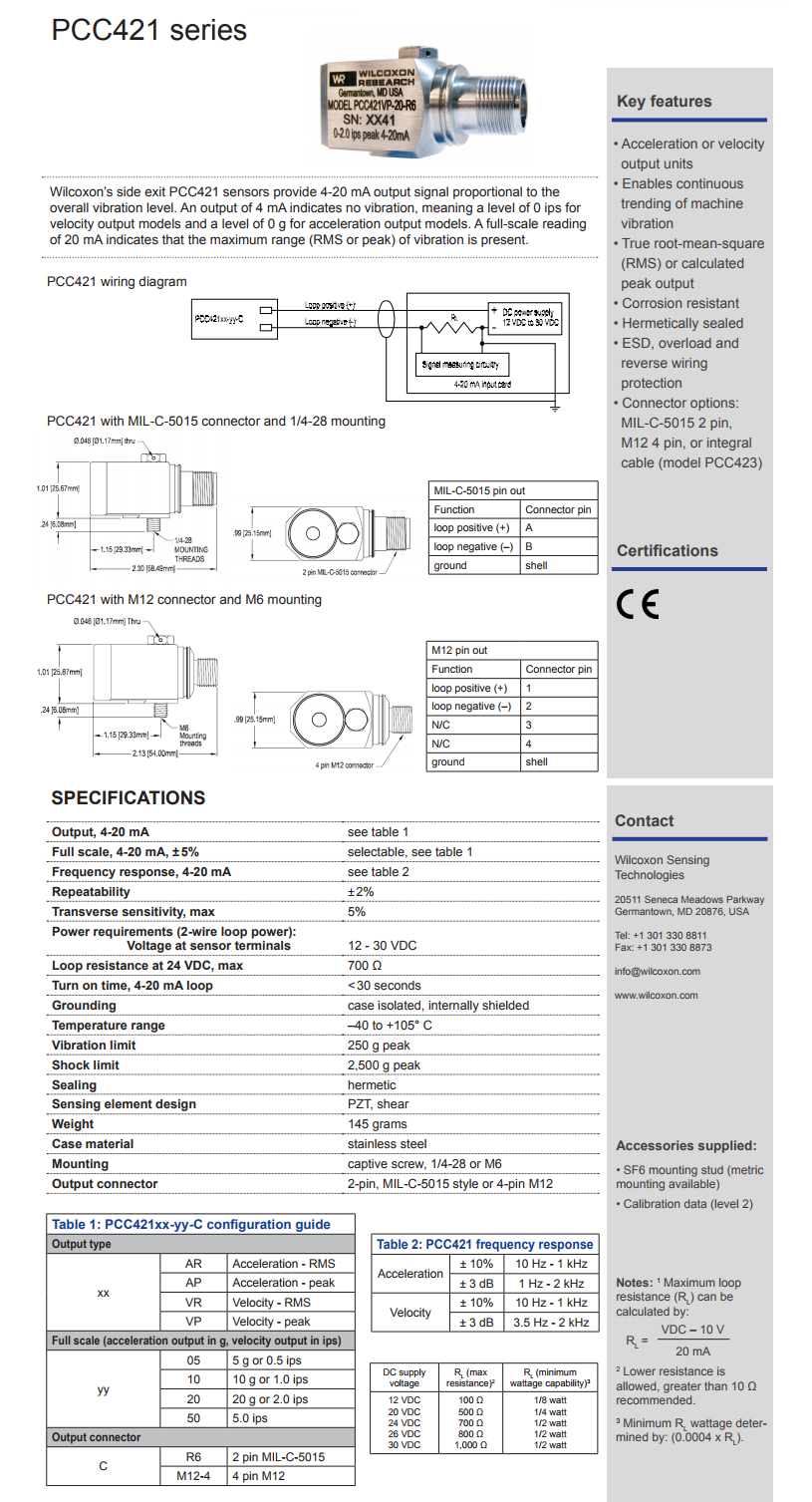 威爾康森4-20mA回路供電振動傳感器PCC421VP-20-R6型技術參數(shù)