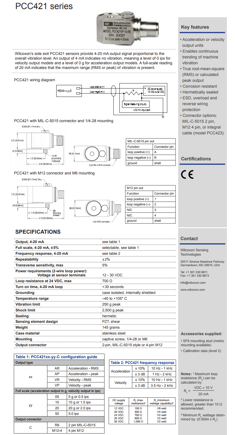 威爾康森4-20mA回路供電振動(dòng)傳感器PCC421VP-10-R6型技術(shù)參數(shù)