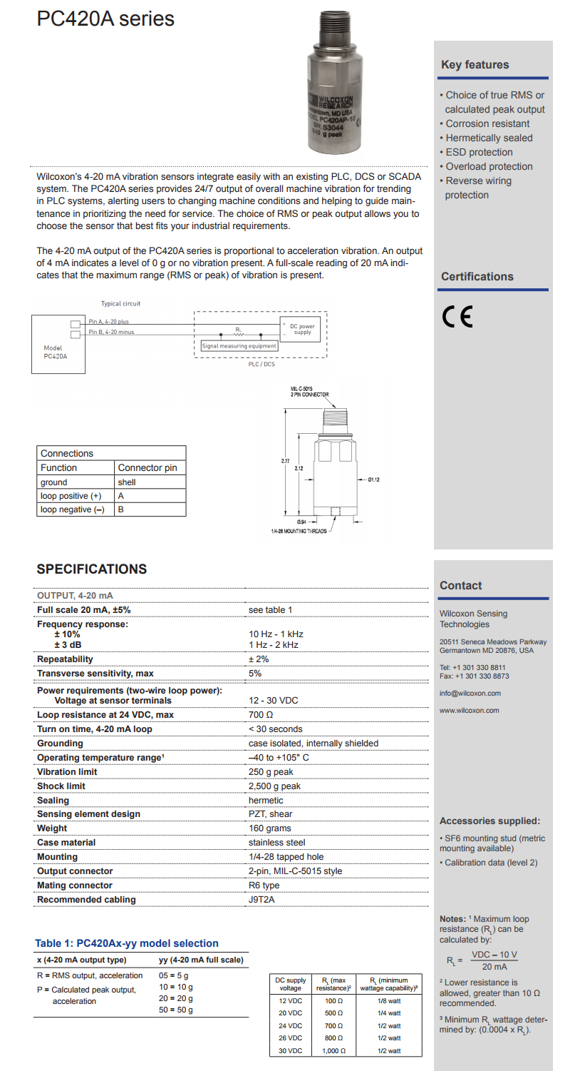 威爾康森4-20mA回路供電振動傳感器PC420AP-05型技術參數