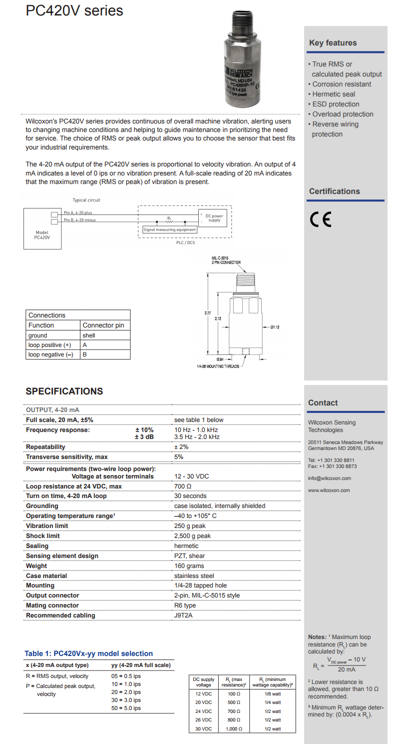 威爾康森4-20mA回路供電振動傳感器PC420VR-10型技術參數(shù)