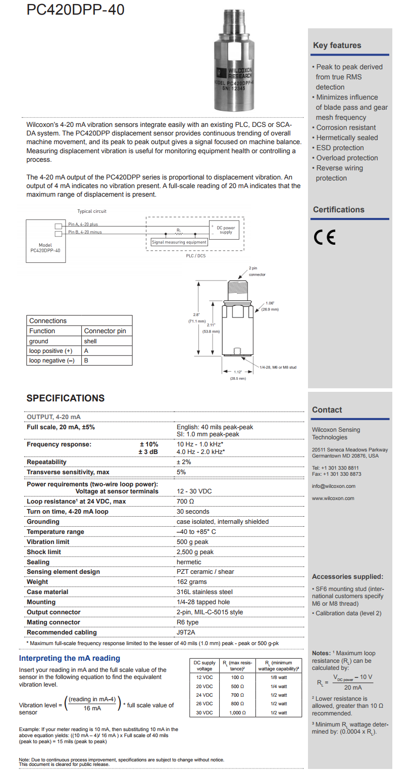 威爾康森回路供電振動傳感器PC420DPP-40型技術參數