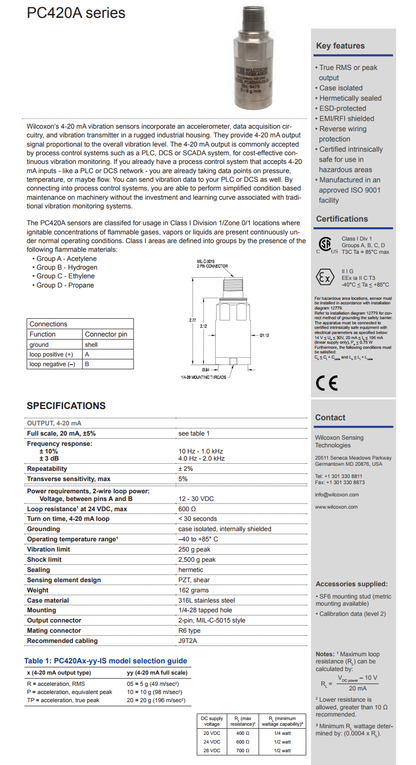 威爾康森回路供電振動傳感器PC420AR-20-IS型技術參數
