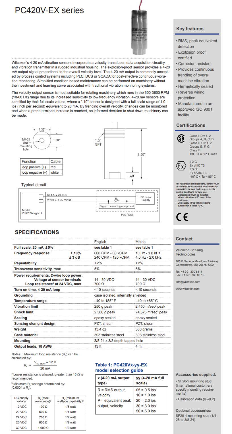 威爾康森回路供電振動(dòng)傳感器PC420VP-50-EX型技術(shù)參數(shù)