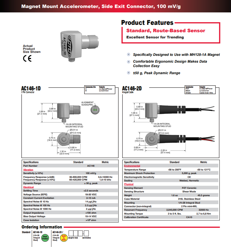 CTC 標準尺寸小側(cè)出口振動傳感器AC146 技術(shù)參數(shù)