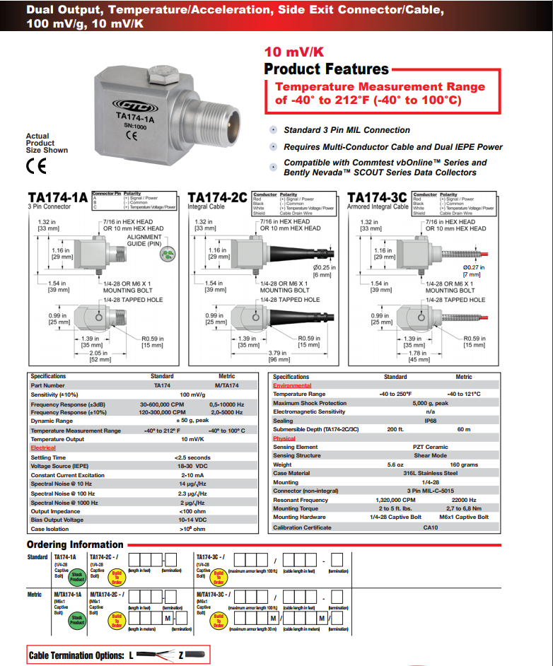 CTC雙輸出，溫度/加速度振動(dòng)傳感器TA174技術(shù)參數(shù)