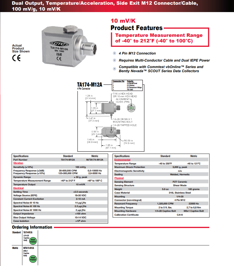 CTC雙輸出，溫度/加速度振動傳感器TA174-M12A 技術參數