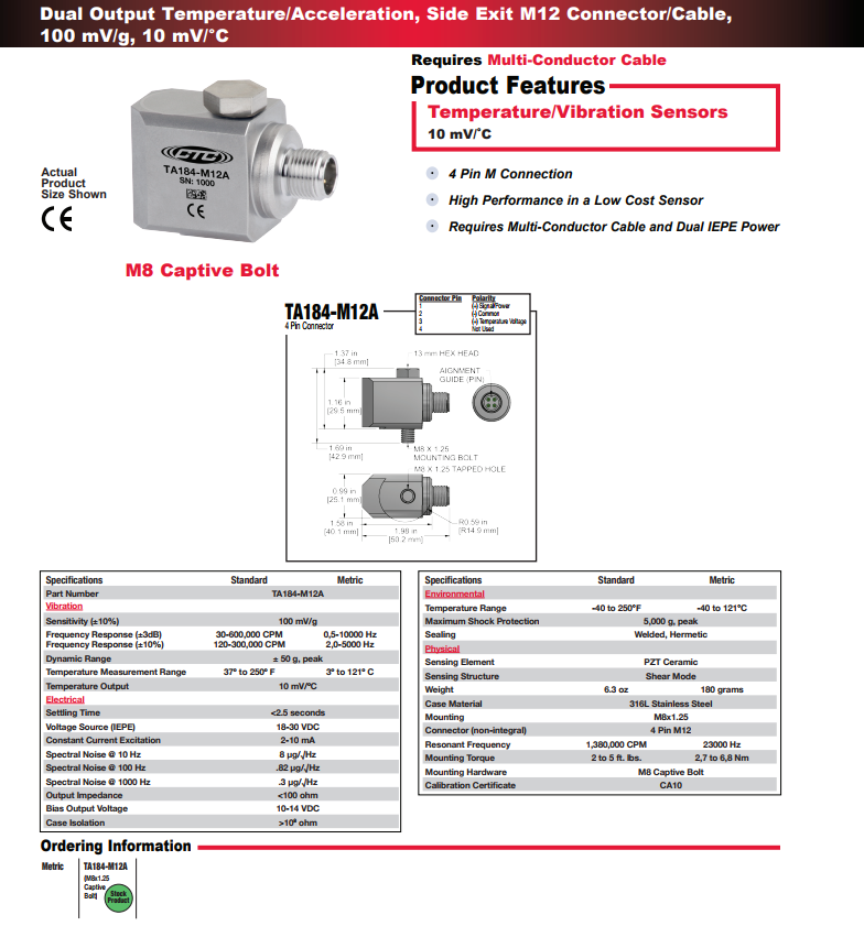 CTC雙輸出溫度/加速度振動傳感器TA184-M12A 技術參數(shù)