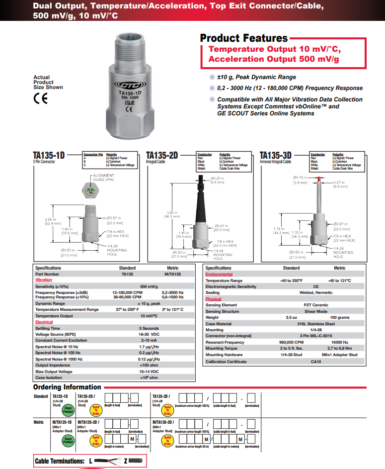 CTC雙輸出振動傳感器TA135技術參數