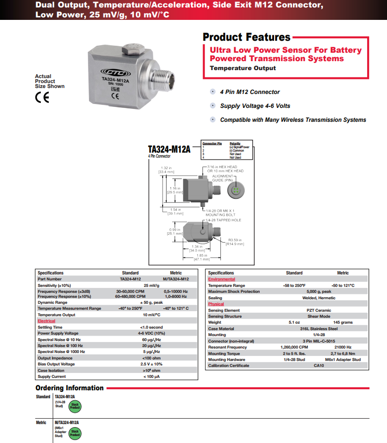 CTC 雙輸出，溫度/加速度振動傳感器TA324技術參數