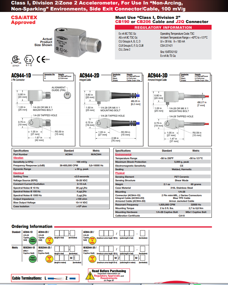  CTC防爆小型加速度振動傳感器AC944技術參數