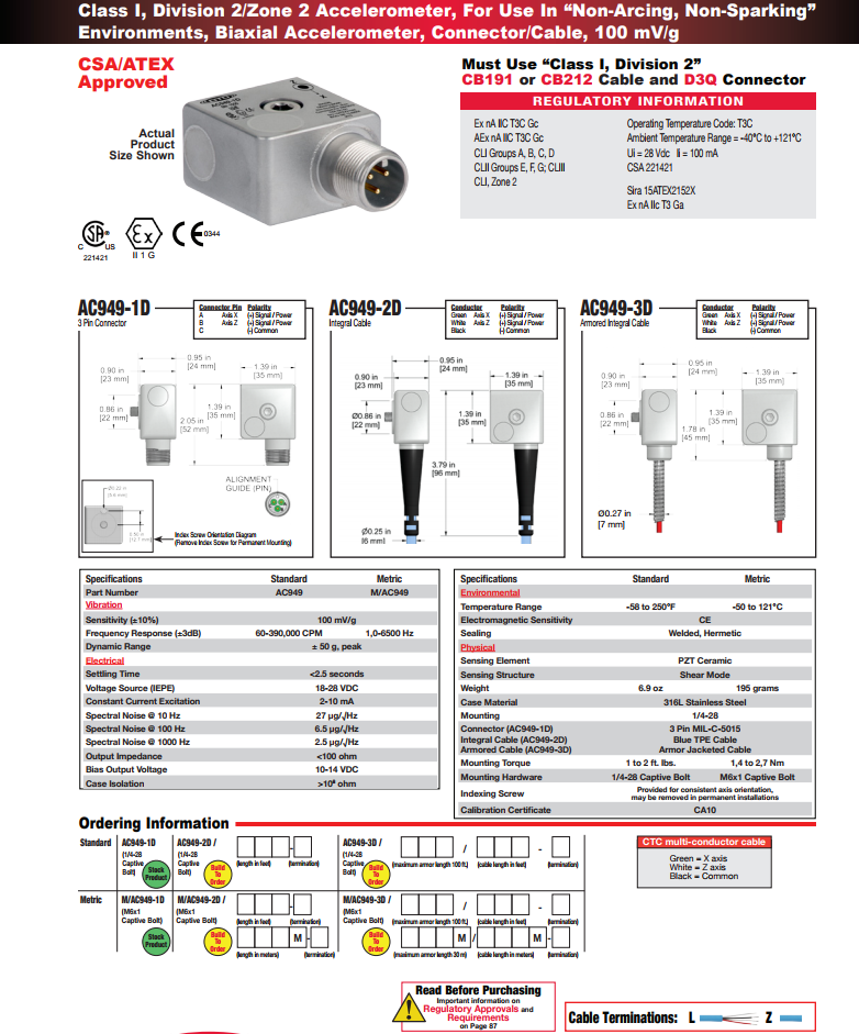  CTC防爆雙軸加速度振動傳感器AC949技術參數