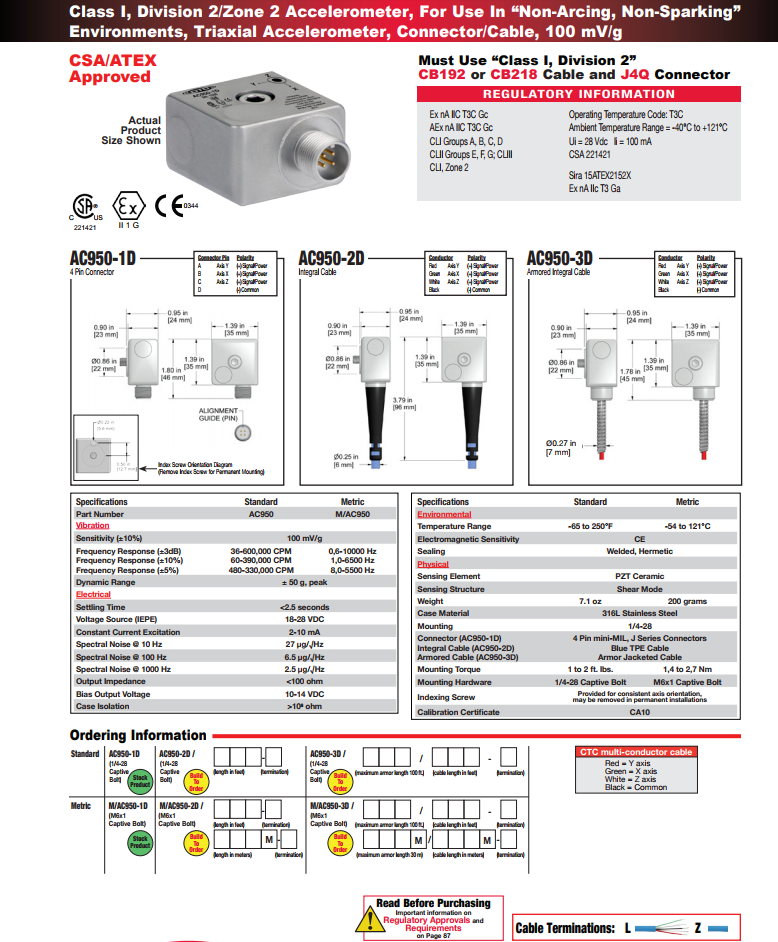  CTC防爆三軸加速度振動傳感器AC950技術參數(shù)
