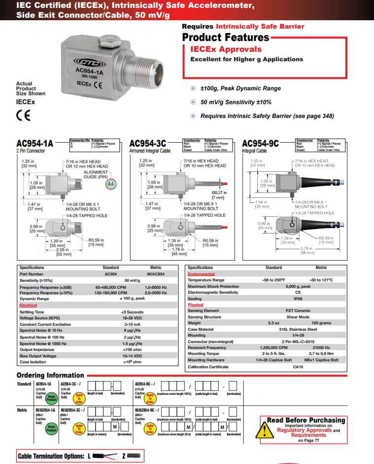 CTC本質安全加速度振動傳感器AC954技術參數