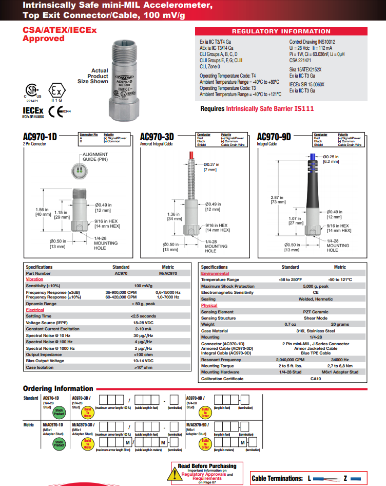 CTC本安型小型加速度振動傳感器AC970技術(shù)參數(shù) 