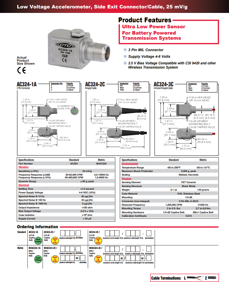 CTC 低壓加速度振動傳感器AC324技術參數
